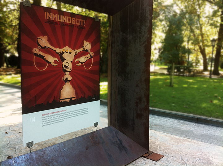 Inmunobot! poster displayed on the San Francisco park in Oviedo
