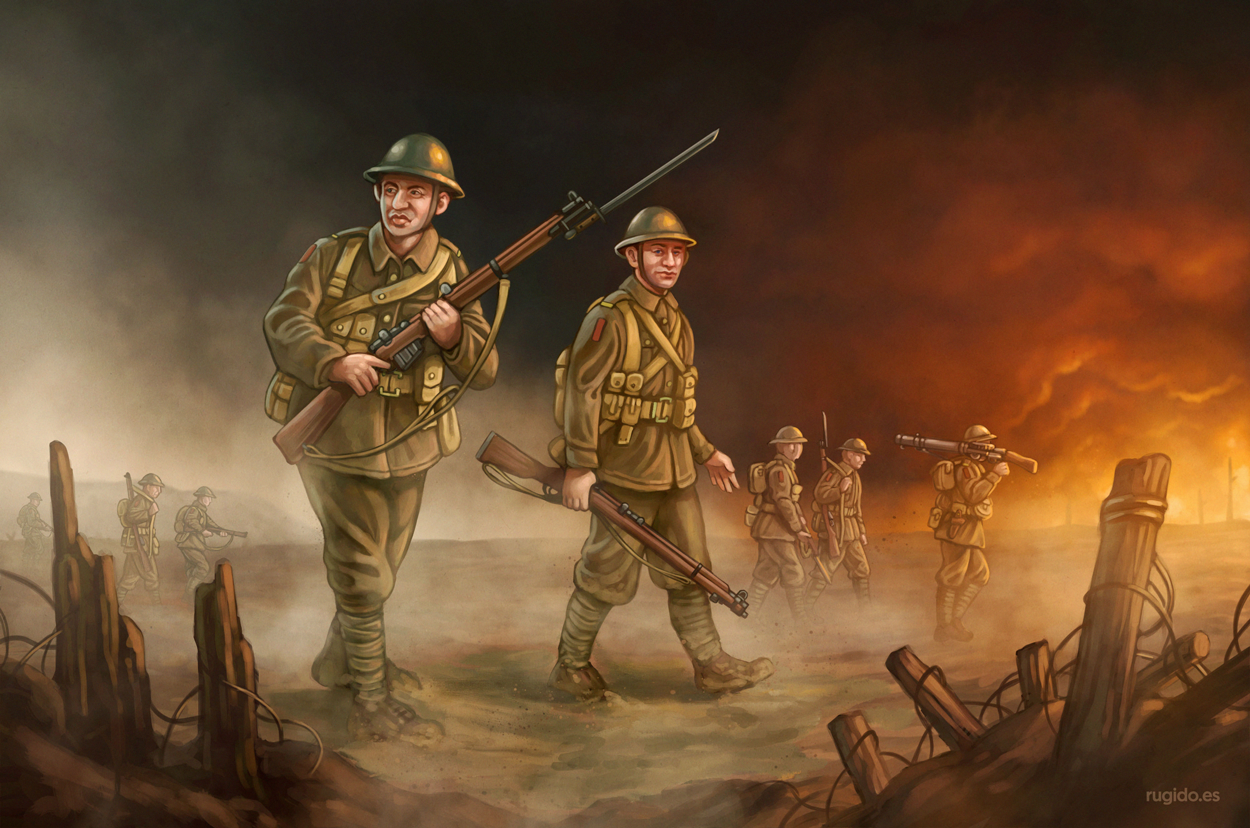 Ilustración de soldados británicos en la Primera Guerra Mundial
