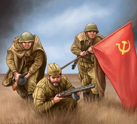 Grupo de mando de infantería soviética en algún lugar del Frente del Este alrededor de 1943 en la Segunda Guerra Mundial.